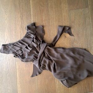 L’Agence 100% Silk brown Dress One Shoulder Ruffle Midi length sz2